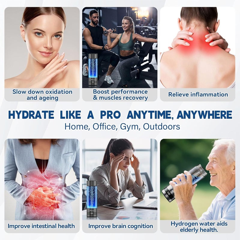 Fruaros Hydrogen Water Bottle Generator – Portable Hydrogen Water Machine, Up to 6000 PPB | SPE/PEM Certified H₂ Tech | Hydrogen-Rich Water for Energy & Hydration | Healthy Gift for Family & Friends (Black) - Image 5
